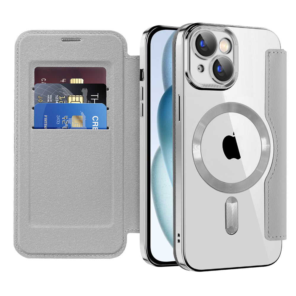 Custodia MagSafe per Apple iPhone 15, Techsuit, SmartMag Book, Grigio