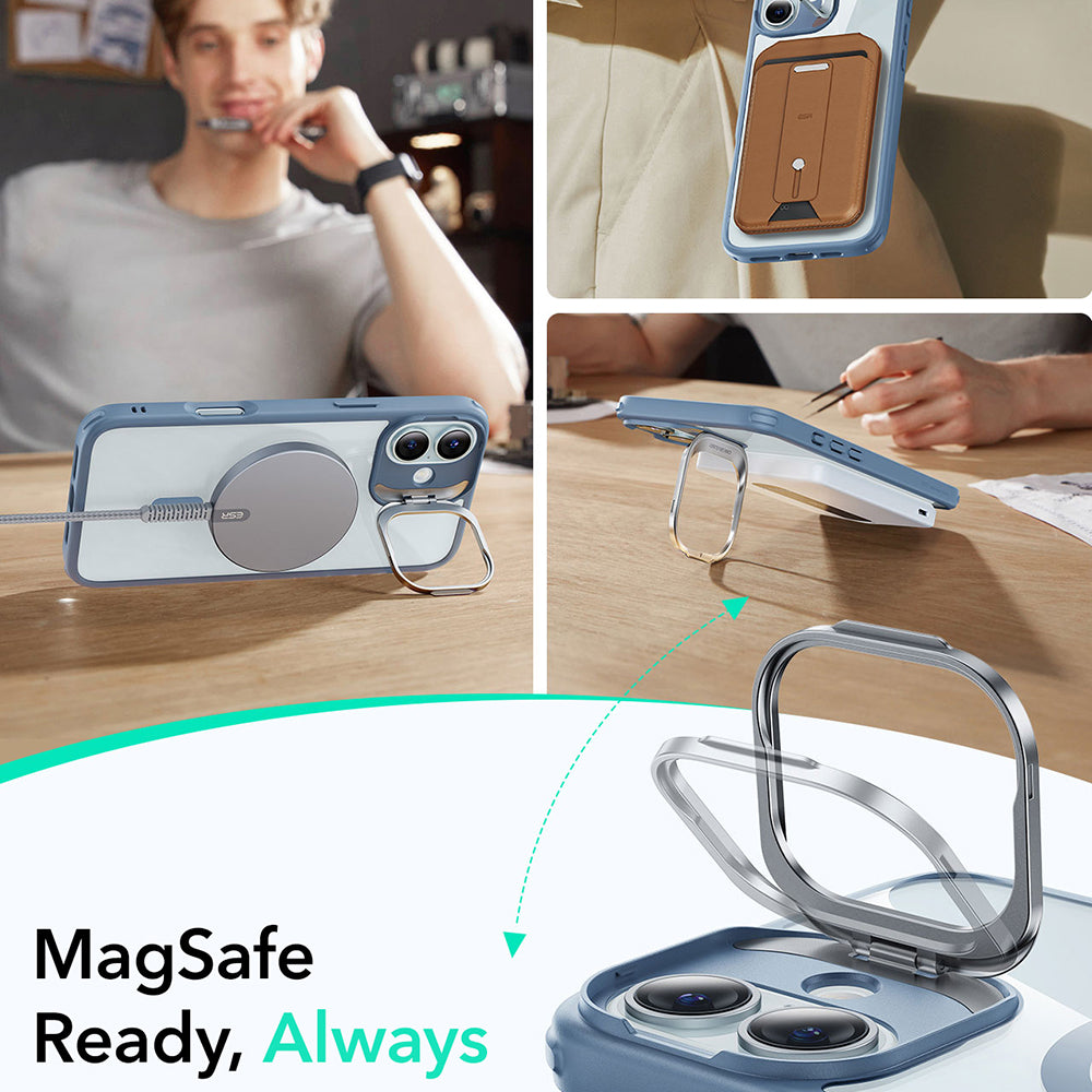 Custodia MagSafe per Apple iPhone 16, ESR, Classic Hybrid Kickstand, Blu Trasparente