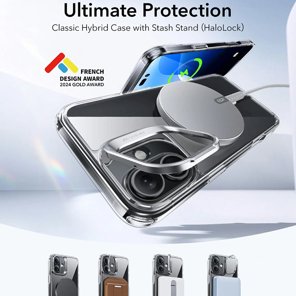 Custodia MagSafe per Apple iPhone 16, ESR, Classic Hybrid Kickstand, Nera Trasparente
