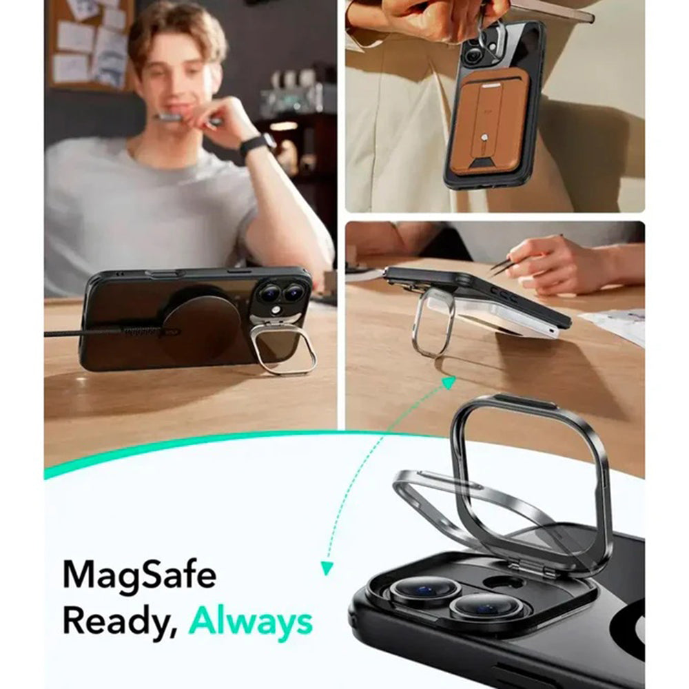Custodia MagSafe per Apple iPhone 16, ESR, Classic Hybrid Kickstand Slide, Nera Trasparente