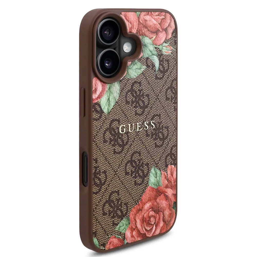 Custodia MagSafe per Apple iPhone 16, Guess, 4G Flowers Print, Marrone