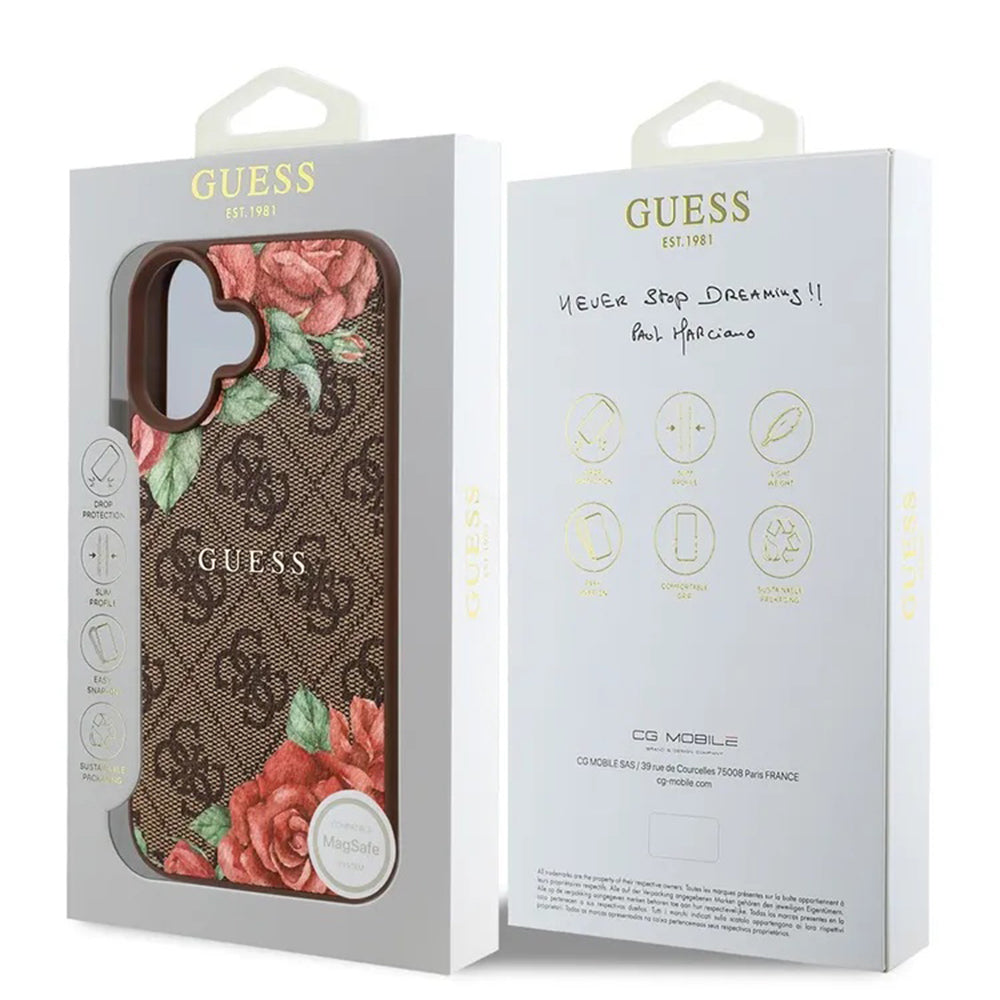 Custodia MagSafe per Apple iPhone 16, Guess, 4G Flowers Print, Marrone