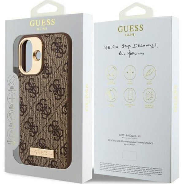 Custodia MagSafe per Apple iPhone 16, Guess, 4G Logo Plate, Marrone