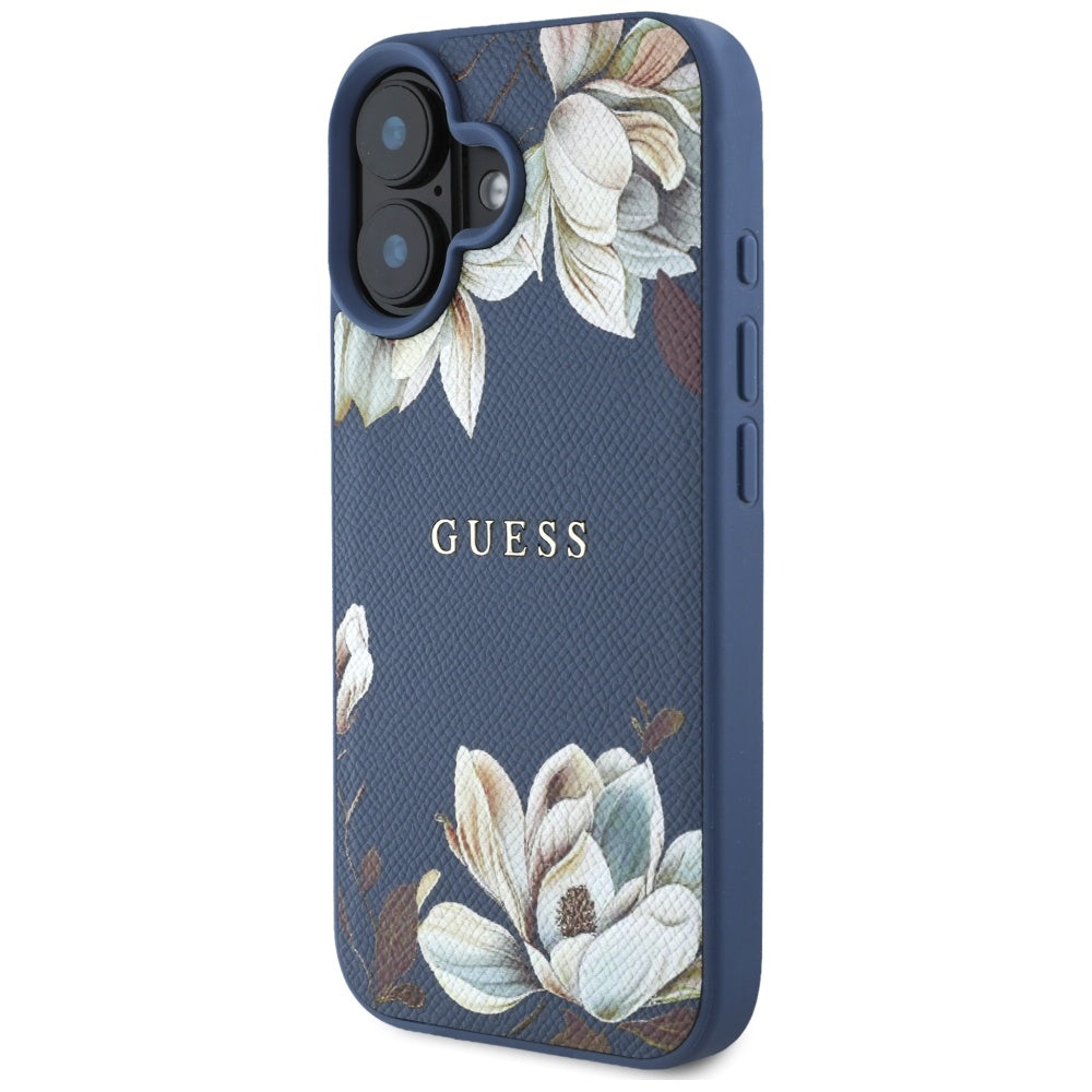 Custodia MagSafe per Apple iPhone 16, Guess, Grained Flowers, Blu