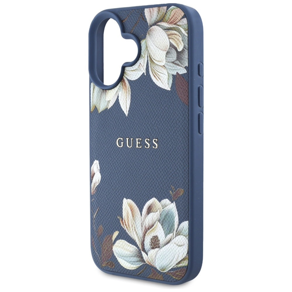 Custodia MagSafe per Apple iPhone 16, Guess, Grained Flowers, Blu