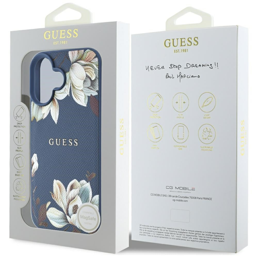 Custodia MagSafe per Apple iPhone 16, Guess, Grained Flowers, Blu