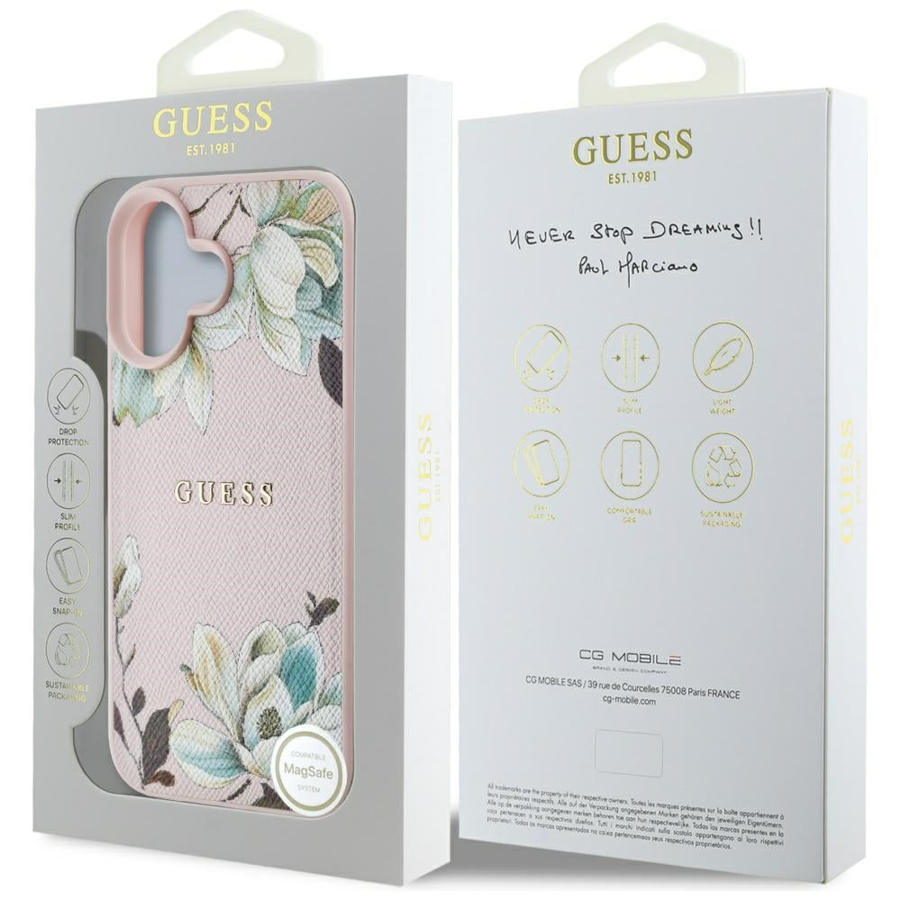 Custodia MagSafe per Apple iPhone 16, Guess, Grained Flowers, Rosa