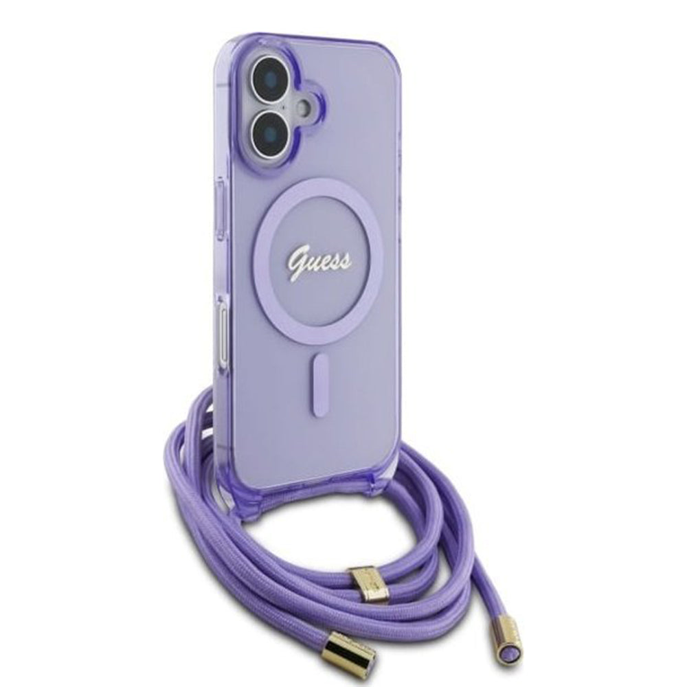 Custodia MagSafe per Apple iPhone 16, Guess, IML Crossbody Cord Script, Rosa
