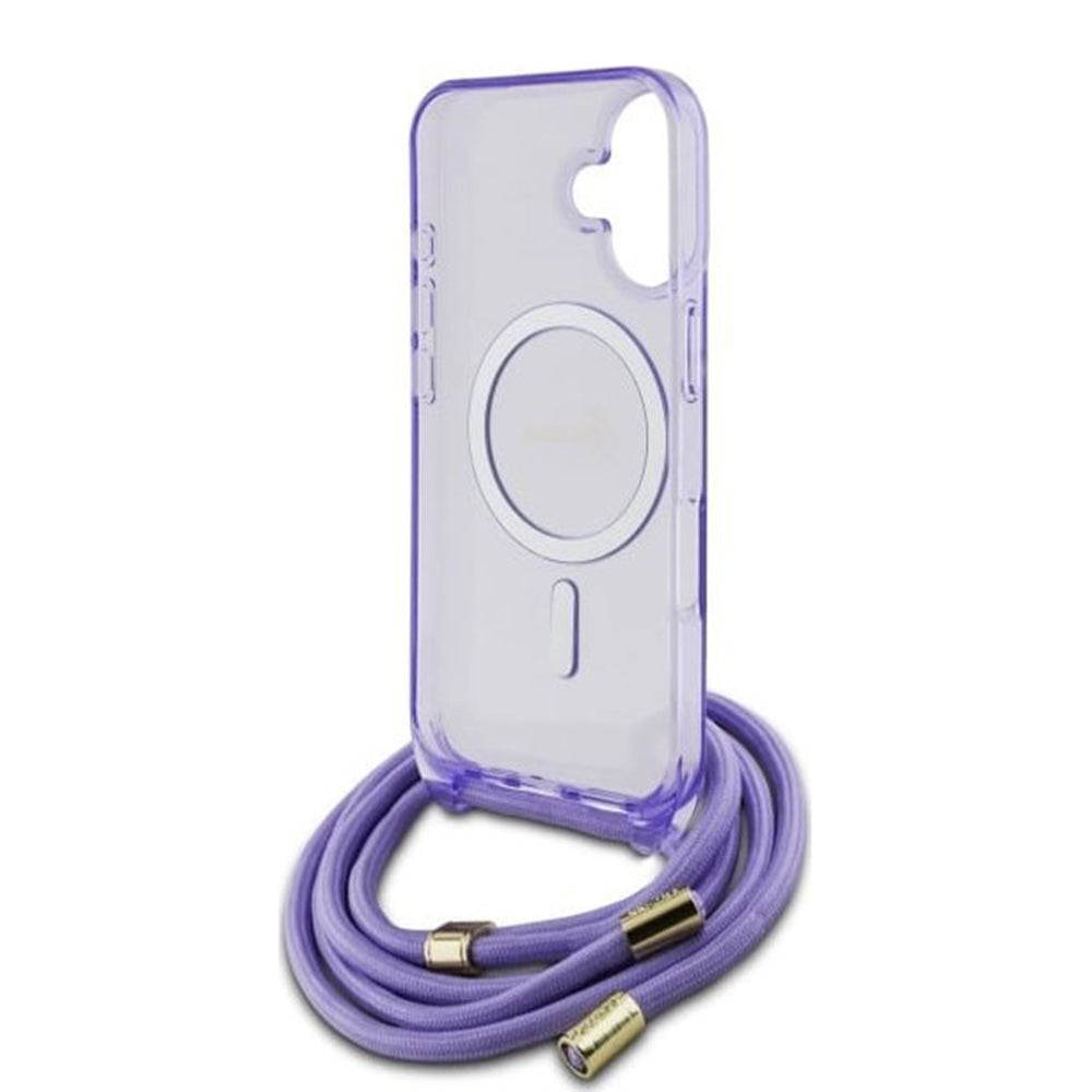 Custodia MagSafe per Apple iPhone 16, Guess, IML Crossbody Cord Script, Rosa