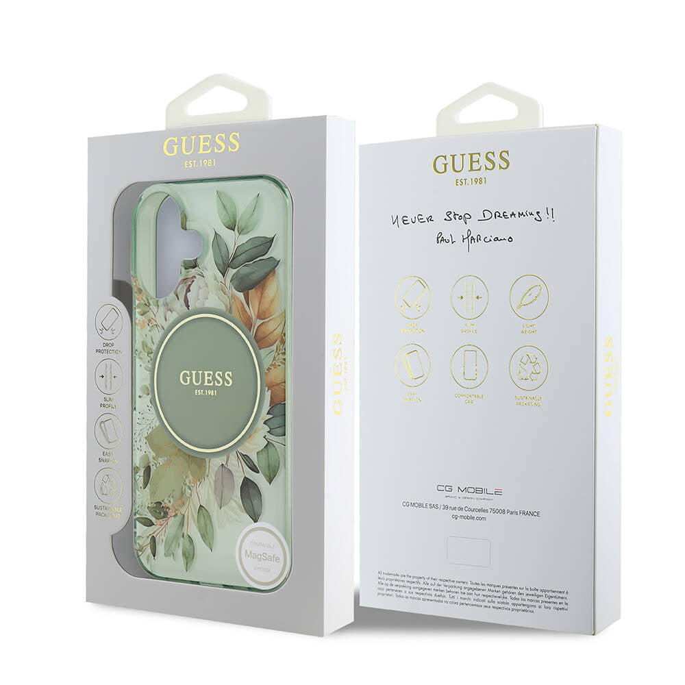 MagSafe Case for Apple iPhone 16, Guess, IML Flower & Tonal Circle, Green
