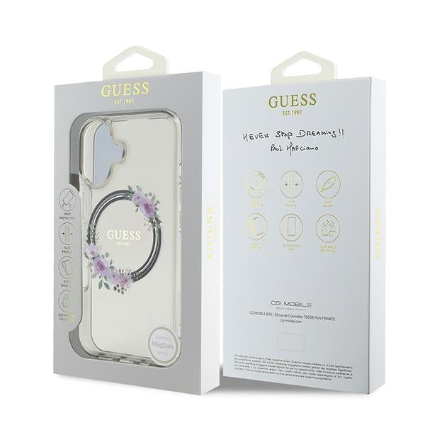 MagSafe Case for Apple iPhone 16, Guess, IML Flowers Wreath, Black