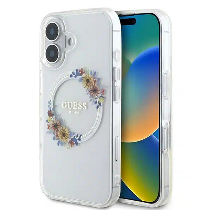 Custodia MagSafe per Apple iPhone 16, Guess, IML Flowers Wreath, Trasparente