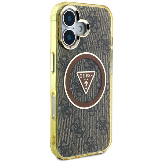 Custodia MagSafe per Apple iPhone 16, Guess, IML Glitter 4G Circle Triangle, Marrone