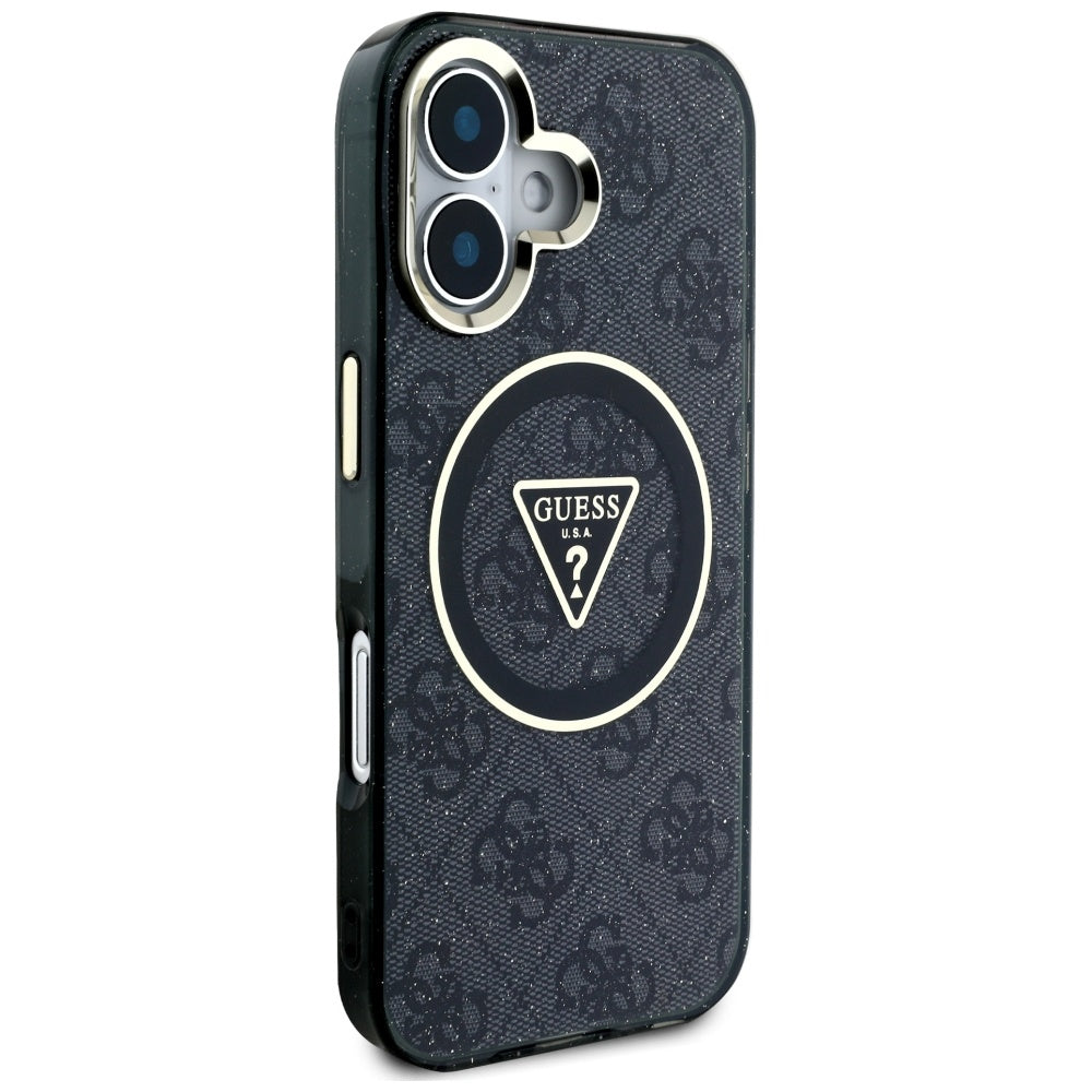 Custodia MagSafe per Apple iPhone 16, Guess, IML Glitter 4G Circle Triangle, Nera
