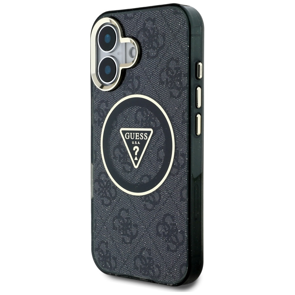 Custodia MagSafe per Apple iPhone 16, Guess, IML Glitter 4G Circle Triangle, Nera