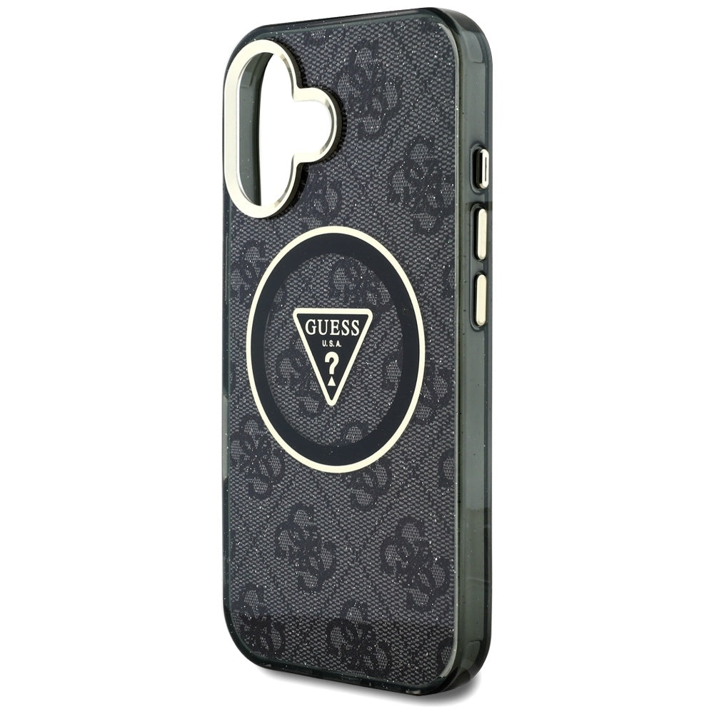 Custodia MagSafe per Apple iPhone 16, Guess, IML Glitter 4G Circle Triangle, Nera