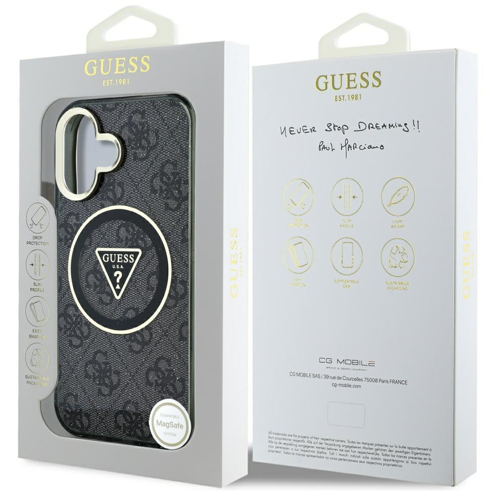 Custodia MagSafe per Apple iPhone 16, Guess, IML Glitter 4G Circle Triangle, Nera