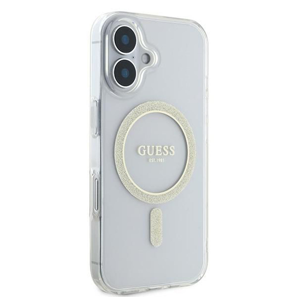 Custodia MagSafe per Apple iPhone 16, Guess, IML Glitter Circle, Trasparente