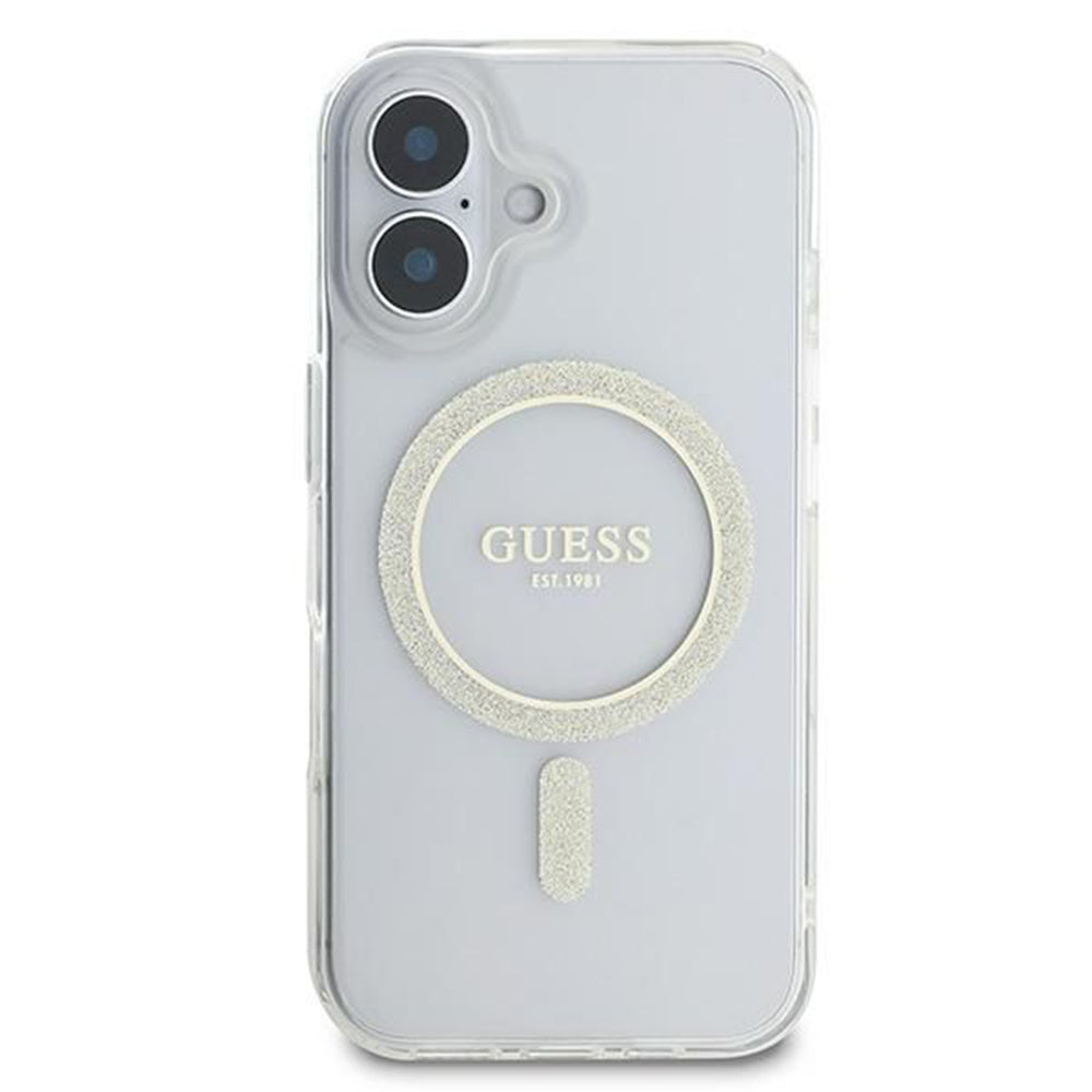 Custodia MagSafe per Apple iPhone 16, Guess, IML Glitter Circle, Trasparente