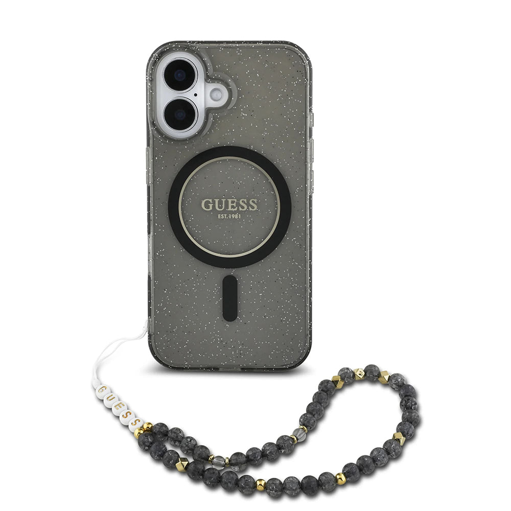 Custodia MagSafe per Apple iPhone 16, Guess, IML Glitter con Cinturino di Perle, Nera