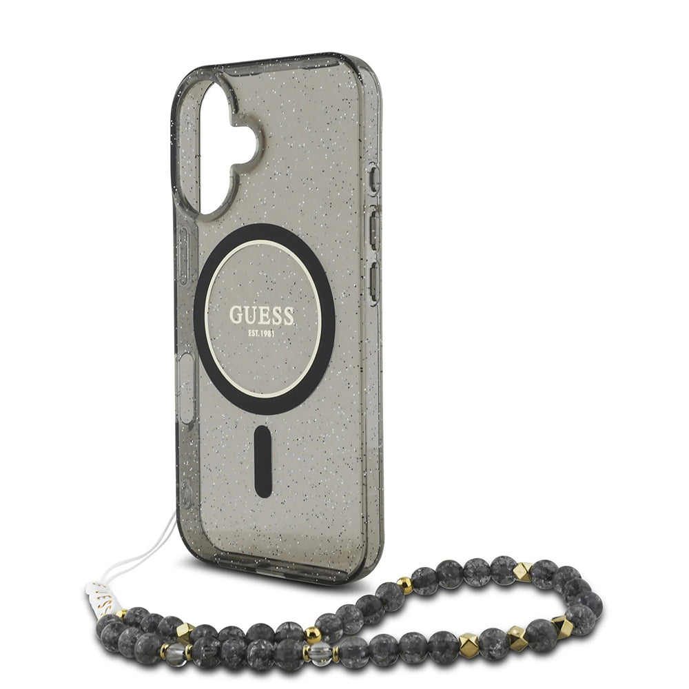 Custodia MagSafe per Apple iPhone 16, Guess, IML Glitter con Cinturino di Perle, Nera
