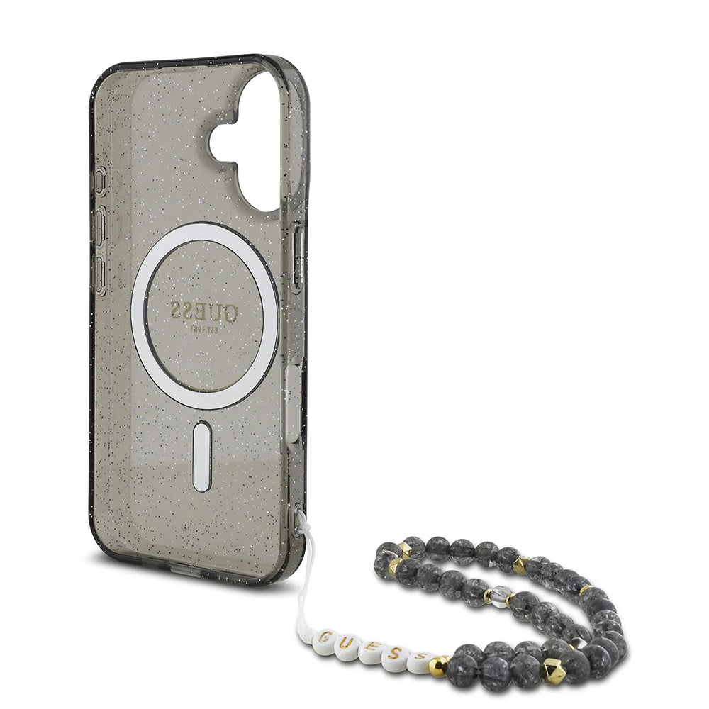 Custodia MagSafe per Apple iPhone 16, Guess, IML Glitter con Cinturino di Perle, Nera