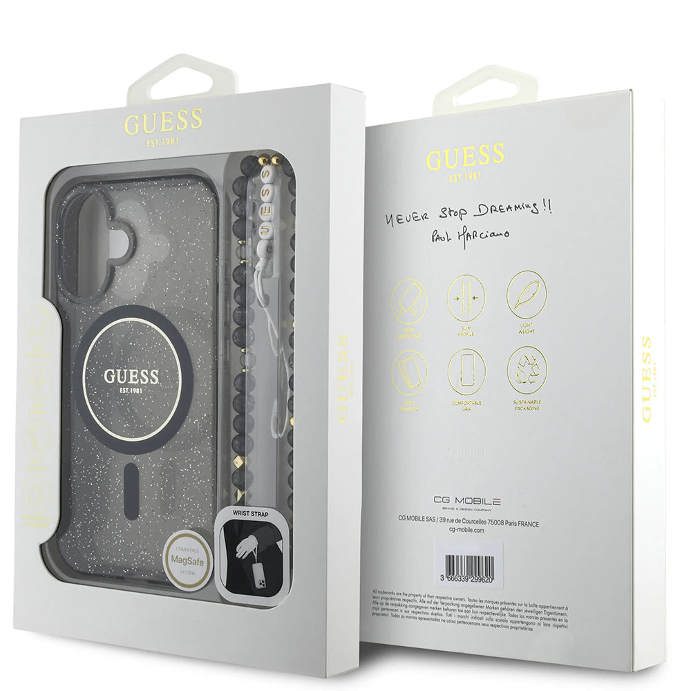 Custodia MagSafe per Apple iPhone 16, Guess, IML Glitter con Cinturino di Perle, Nera