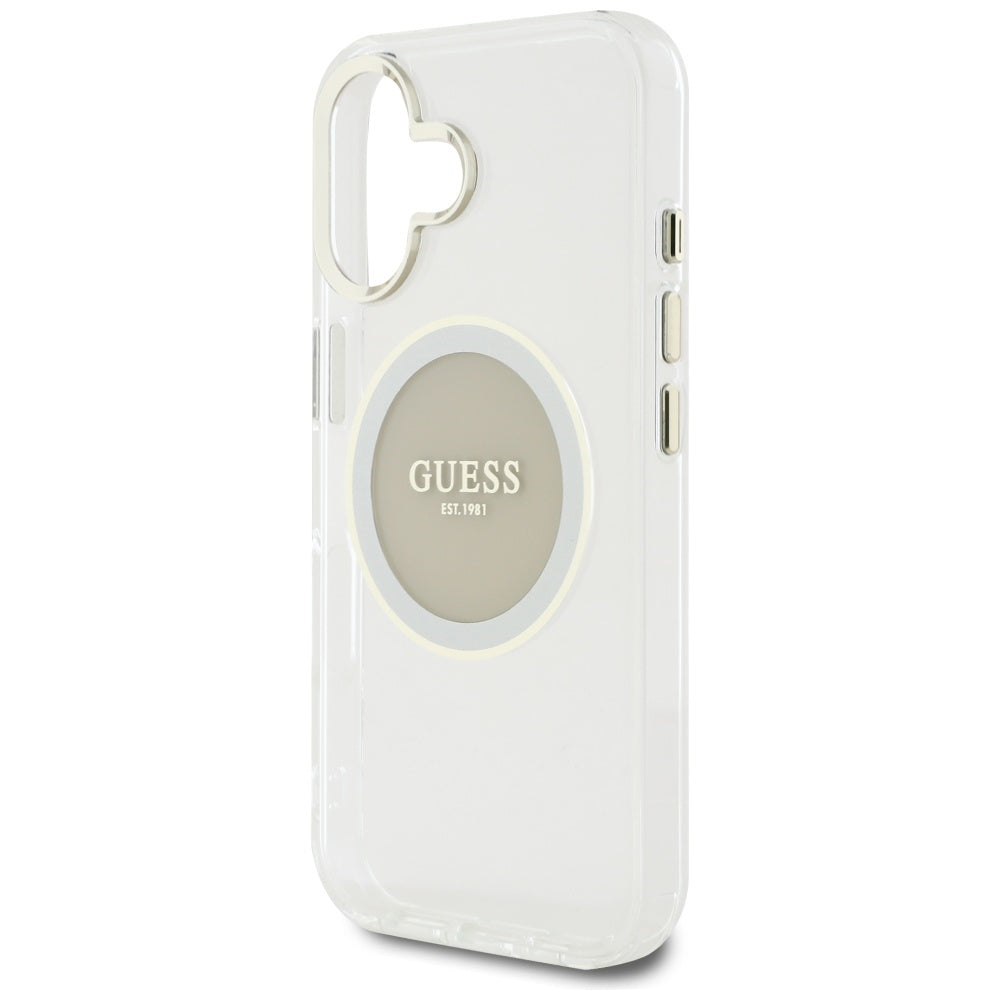 Custodia MagSafe per Apple iPhone 16, Guess, IML Metal Colored Circle, Grigio