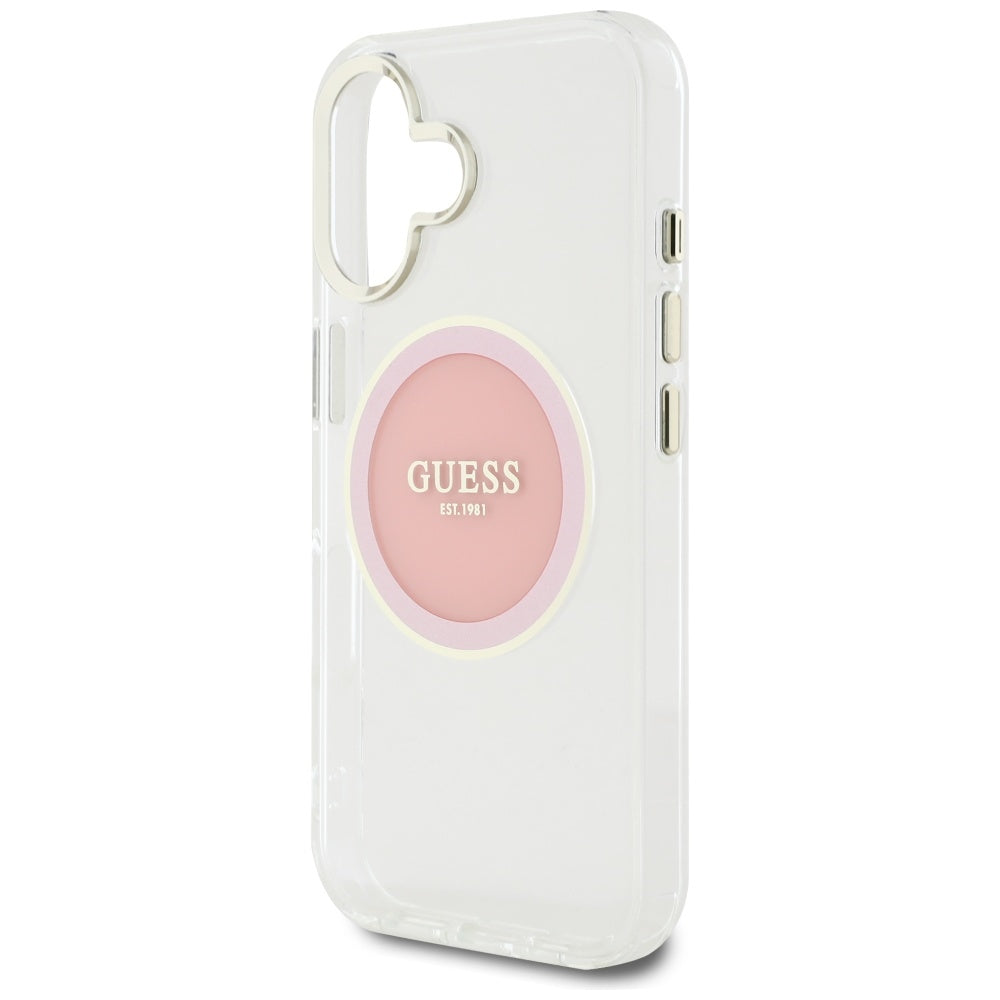 Custodia MagSafe per Apple iPhone 16, Guess, IML Metal Colored Circle, Rosa