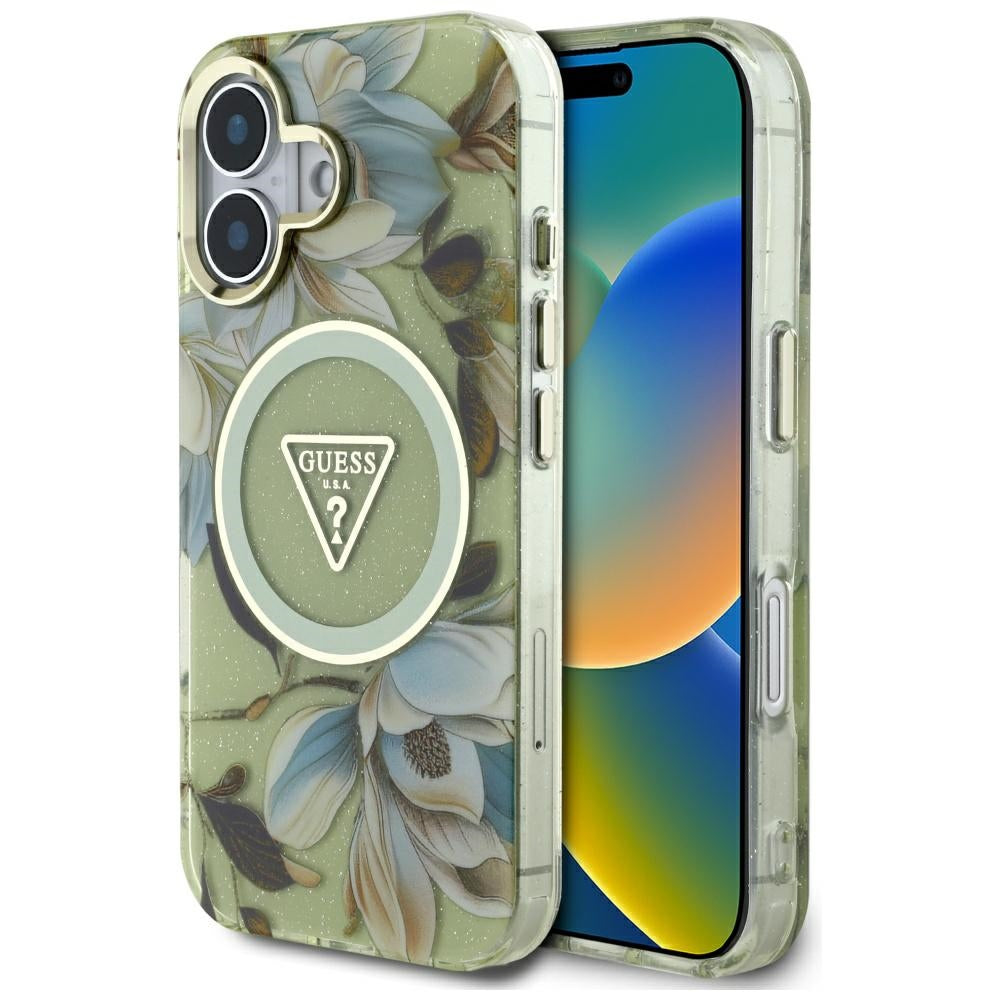 Custodia MagSafe per Apple iPhone 16, Guess, IML Metal Glitter Flowers Triangle, Verde