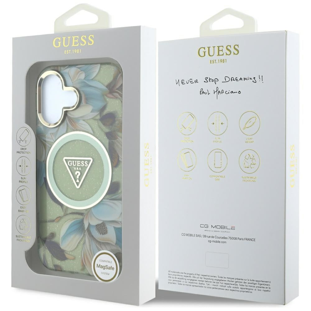 Custodia MagSafe per Apple iPhone 16, Guess, IML Metal Glitter Flowers Triangle, Verde