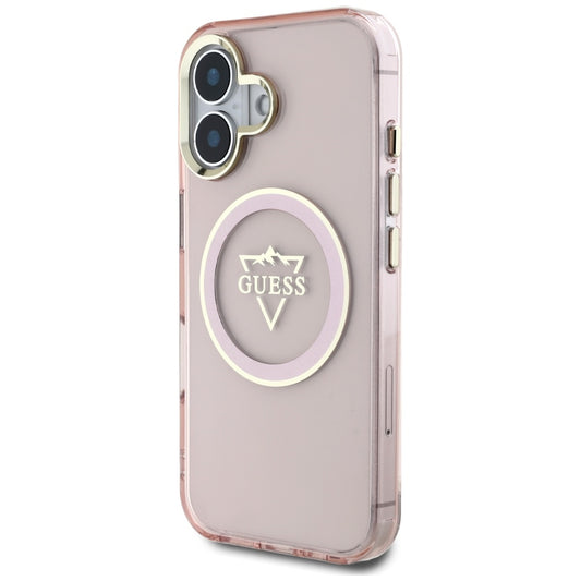 Custodia MagSafe per Apple iPhone 16, Guess, IML Metal Mountain Logo, Rosa