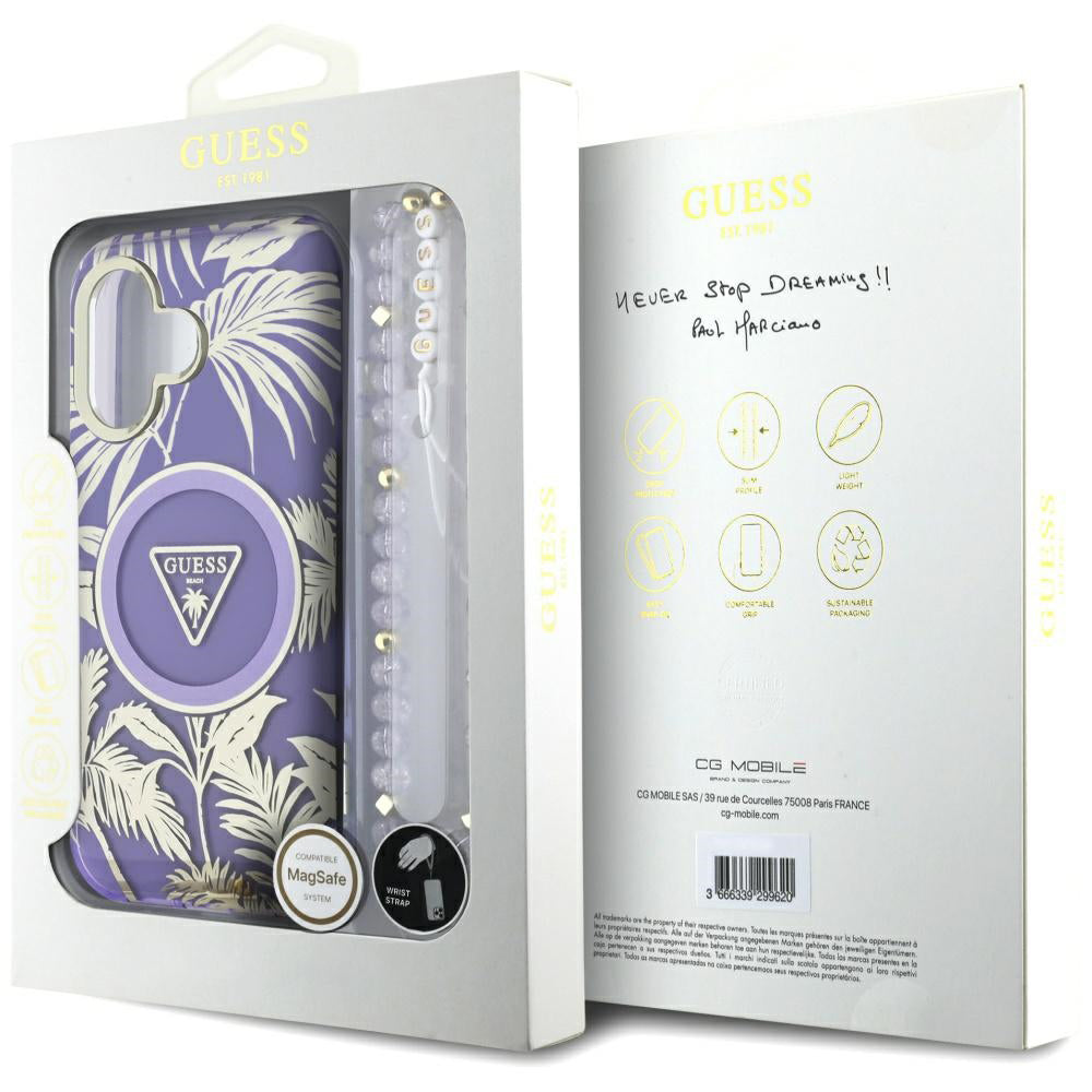 MagSafe Case for Apple iPhone 16, Guess, IML Palm Trees Triangle with Pearl Strap, Purple