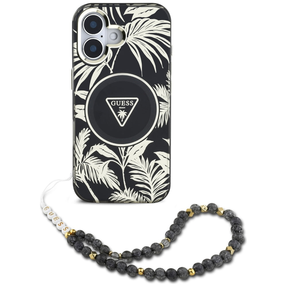 Custodia MagSafe per Apple iPhone 16, Guess, IML Palm Trees Triangle con Cinturino di Perle, Nera