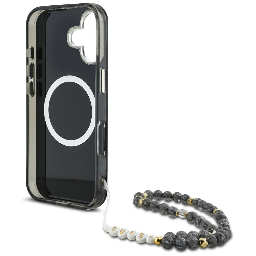 Custodia MagSafe per Apple iPhone 16, Guess, IML Palm Trees Triangle con Cinturino di Perle, Nera