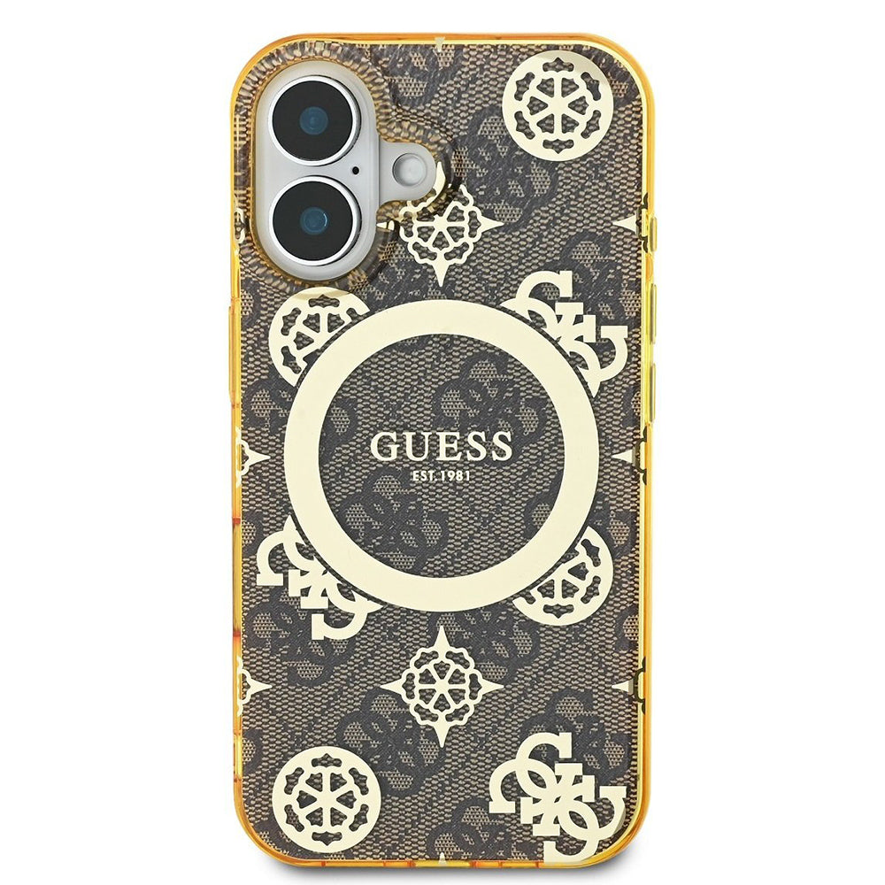Custodia MagSafe per Apple iPhone 16, Guess, IML Peony su sfondo 4G, Marrone