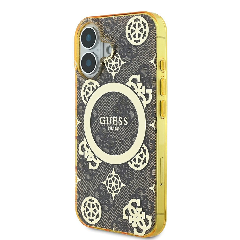 Custodia MagSafe per Apple iPhone 16, Guess, IML Peony su sfondo 4G, Marrone