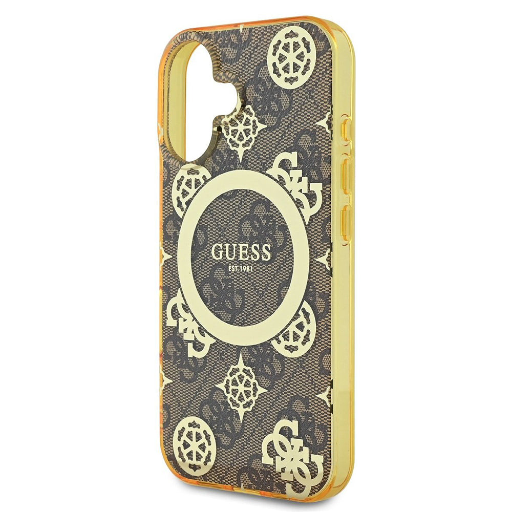 Custodia MagSafe per Apple iPhone 16, Guess, IML Peony su sfondo 4G, Marrone