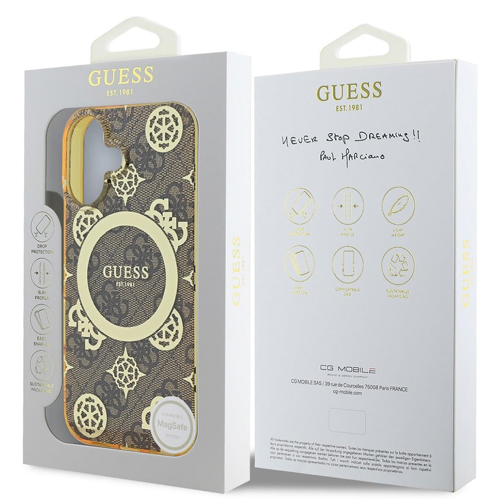 Custodia MagSafe per Apple iPhone 16, Guess, IML Peony su sfondo 4G, Marrone