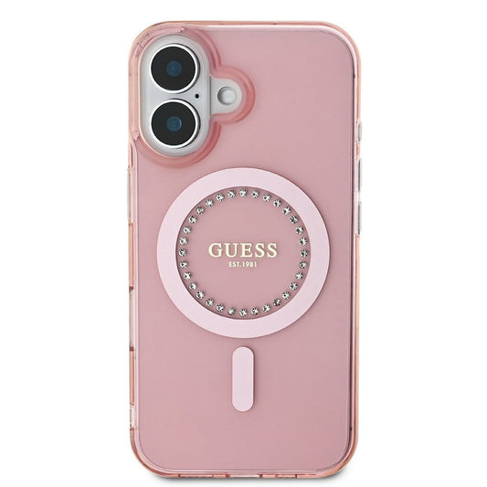 Custodia MagSafe per Apple iPhone 16, Guess, IML Rhinestones Ring, Rosa GUHMP16SPFTDTEP