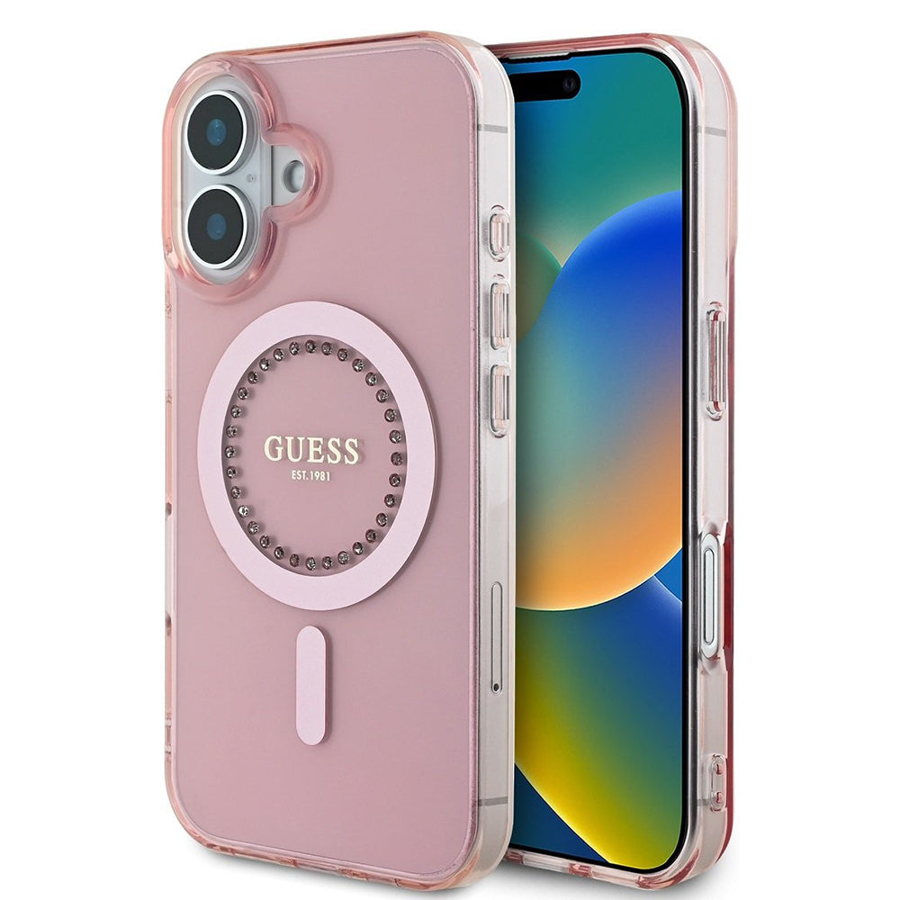 Custodia MagSafe per Apple iPhone 16, Guess, IML Rhinestones Ring, Rosa GUHMP16SPFTDTEP