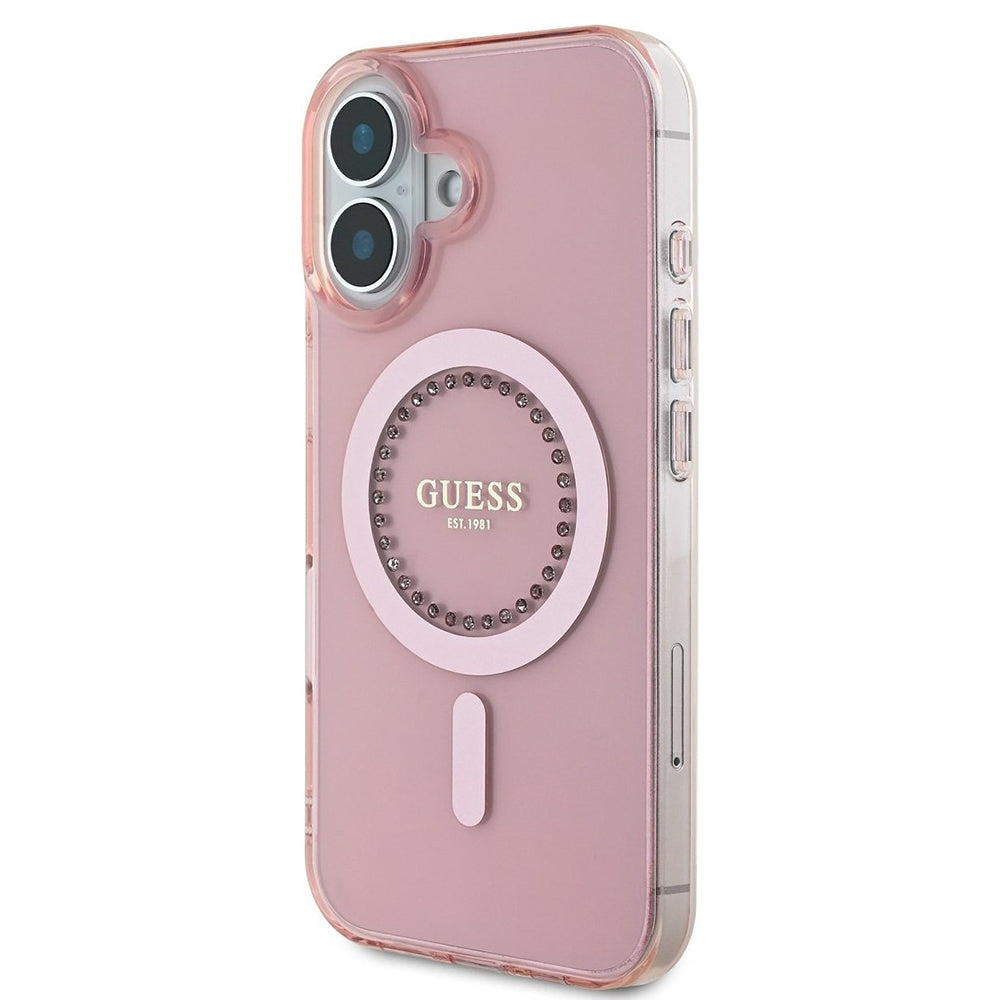 Custodia MagSafe per Apple iPhone 16, Guess, IML Rhinestones Ring, Rosa GUHMP16SPFTDTEP