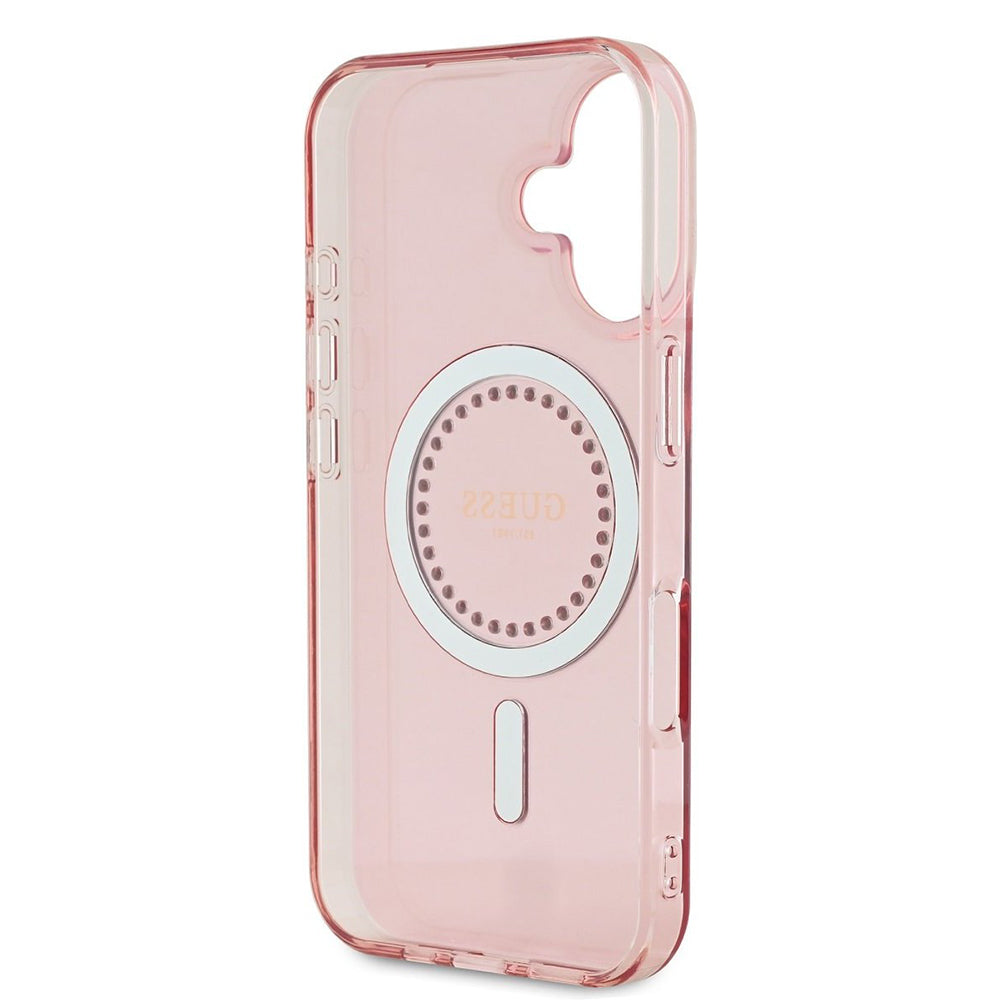Custodia MagSafe per Apple iPhone 16, Guess, IML Rhinestones Ring, Rosa GUHMP16SPFTDTEP