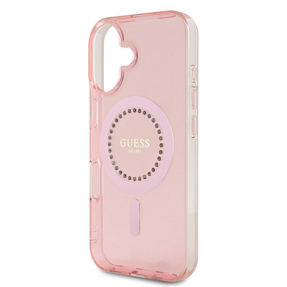 Custodia MagSafe per Apple iPhone 16, Guess, IML Rhinestones Ring, Rosa GUHMP16SPFTDTEP