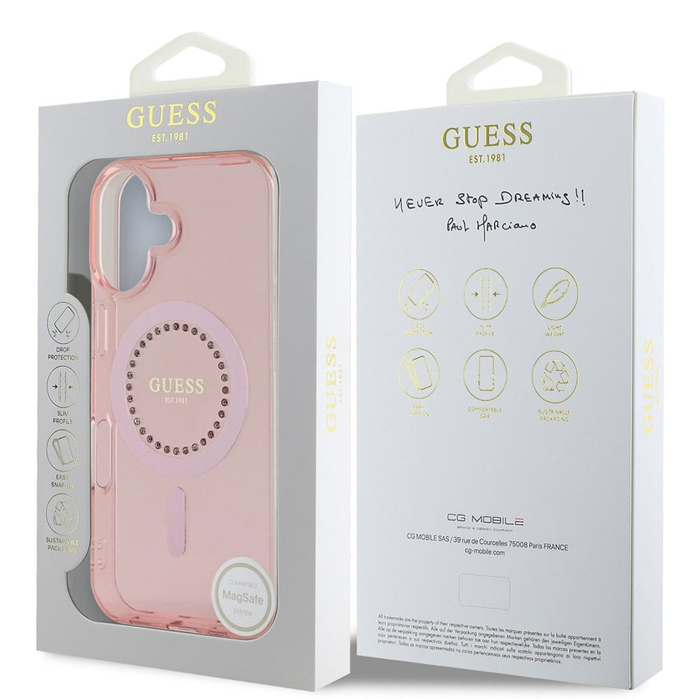 Custodia MagSafe per Apple iPhone 16, Guess, IML Rhinestones Ring, Rosa GUHMP16SPFTDTEP