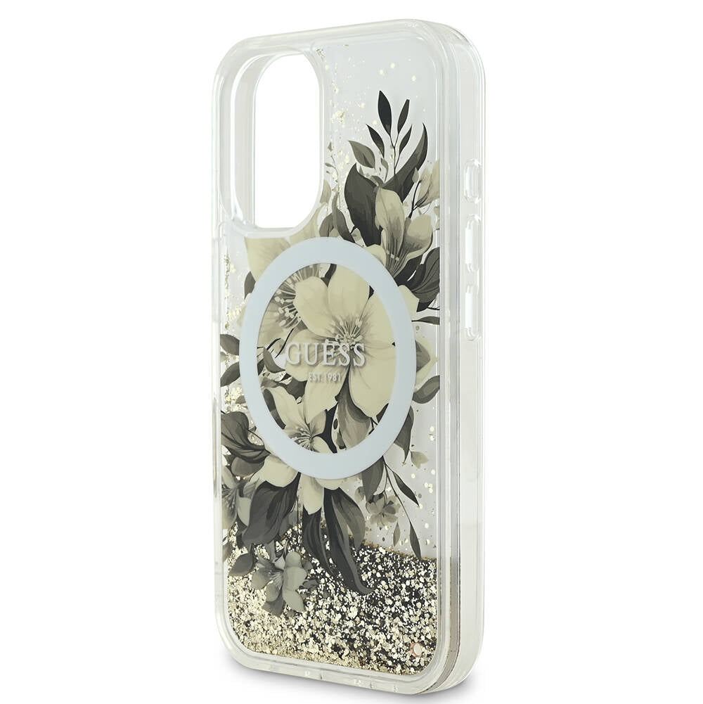 Custodia MagSafe per Apple iPhone 16, Guess, Liquid Glitter Flower, Rosa