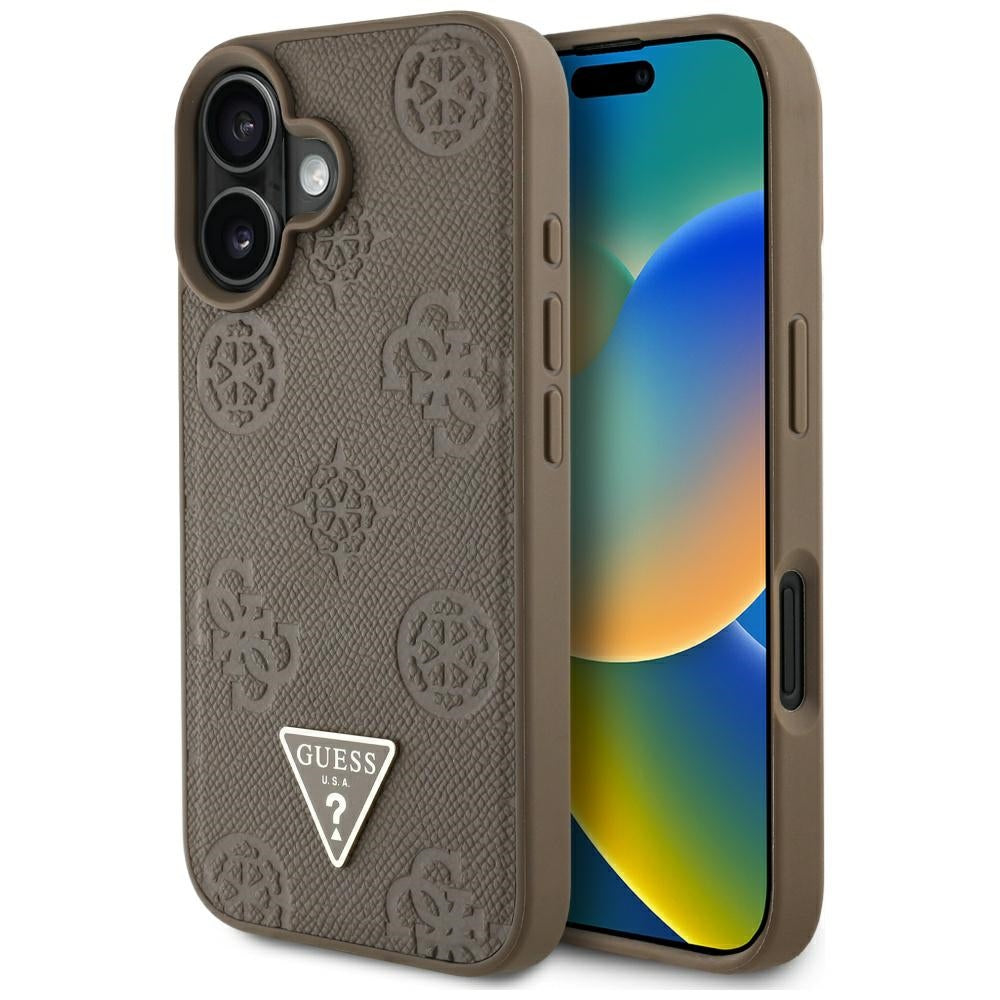 Custodia MagSafe per Apple iPhone 16, Guess, Peony Grained Hot Stamp Triangle, Marrone