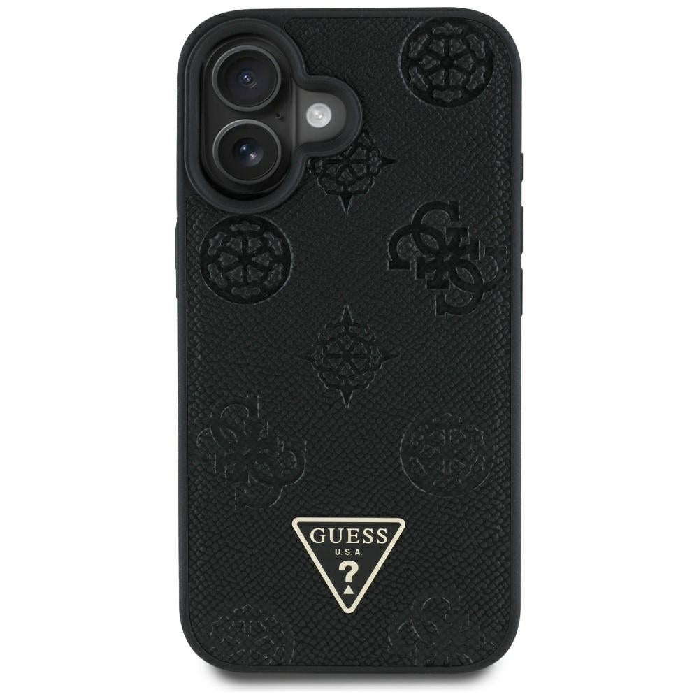 Custodia MagSafe per Apple iPhone 16, Guess, Peony Grained Hot Stamp Triangle, Nera