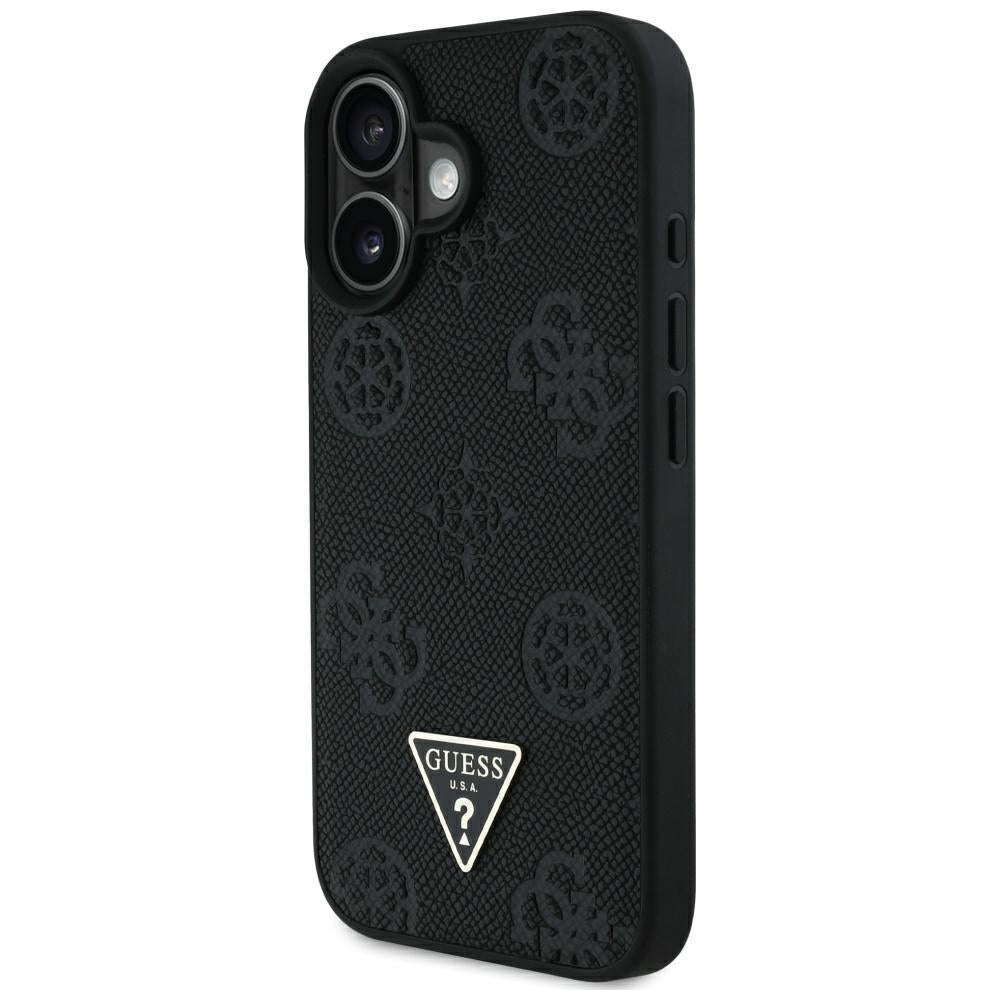 Custodia MagSafe per Apple iPhone 16, Guess, Peony Grained Hot Stamp Triangle, Nera
