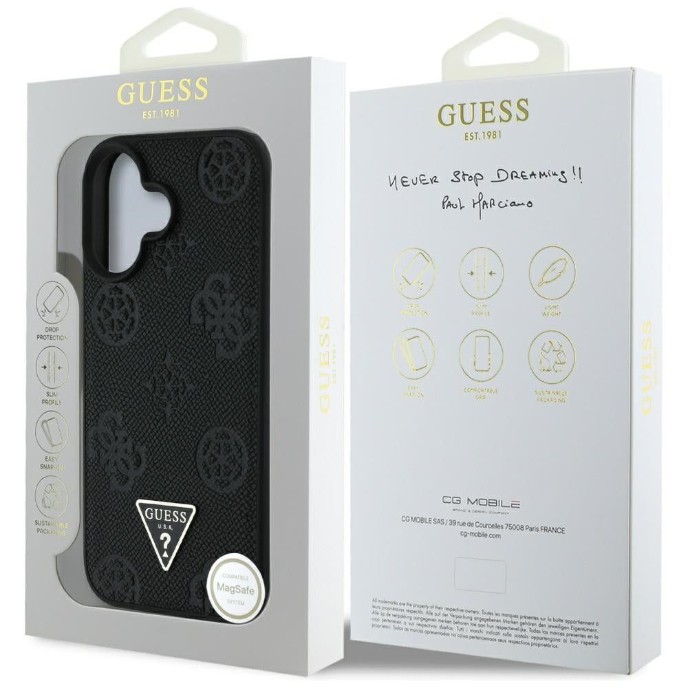 Custodia MagSafe per Apple iPhone 16, Guess, Peony Grained Hot Stamp Triangle, Nera
